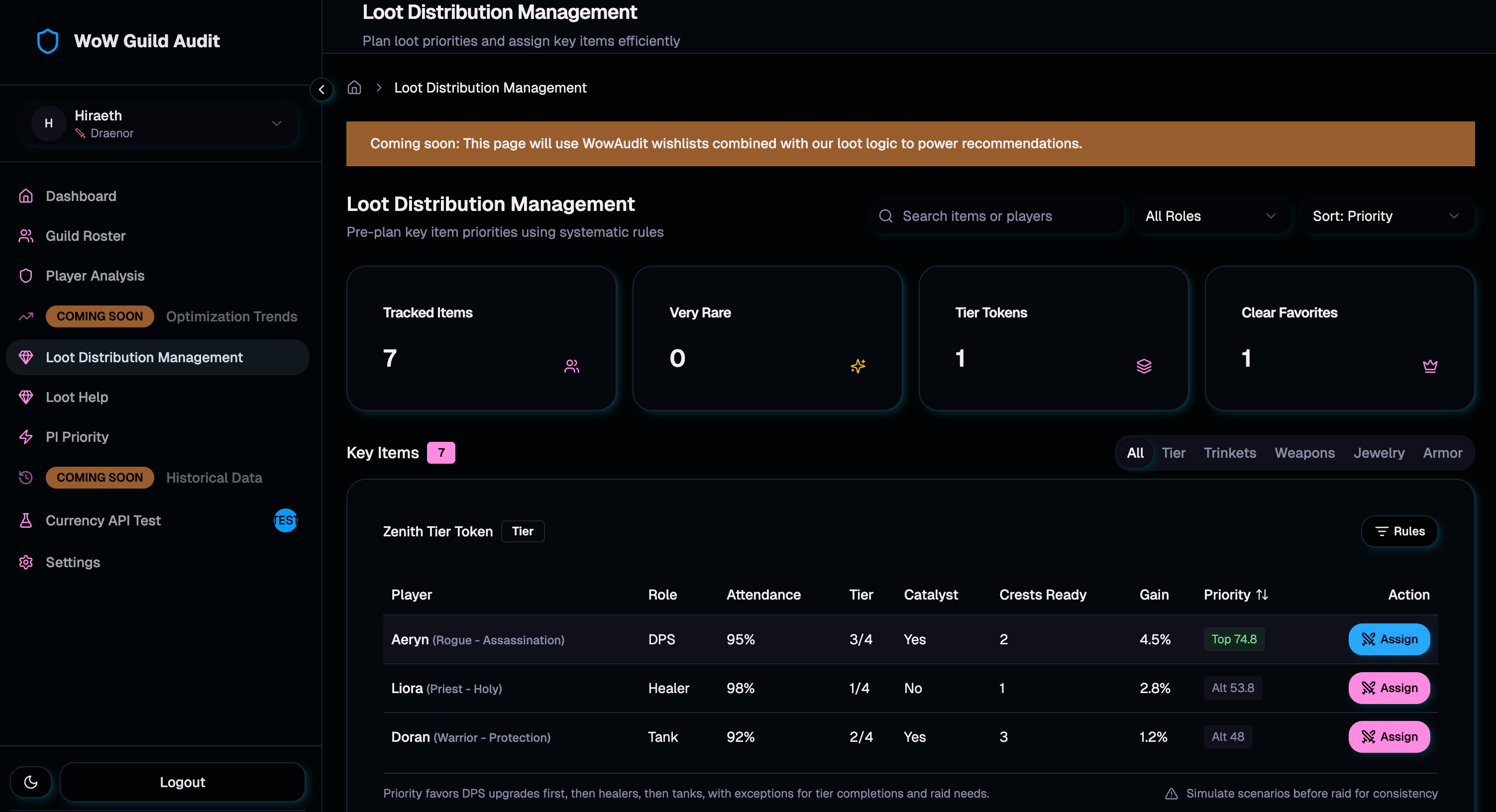Screenshot of Hiraeth Helper project showing A World of Warcraft guild optimization tool design...